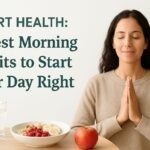 “A calm morning scene showing a woman with closed eyes and hands in prayer pose, sitting beside a table with a healthy breakfast of oatmeal with fruits, a red apple, and a glass of water — representing heart-healthy morning habits.”