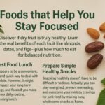 "Realistic photo with natural elements showing healthy foods like almonds, figs, and fruits on a desk background, symbolizing nutrition and lifestyle choices that improve concentration and mental focus."
